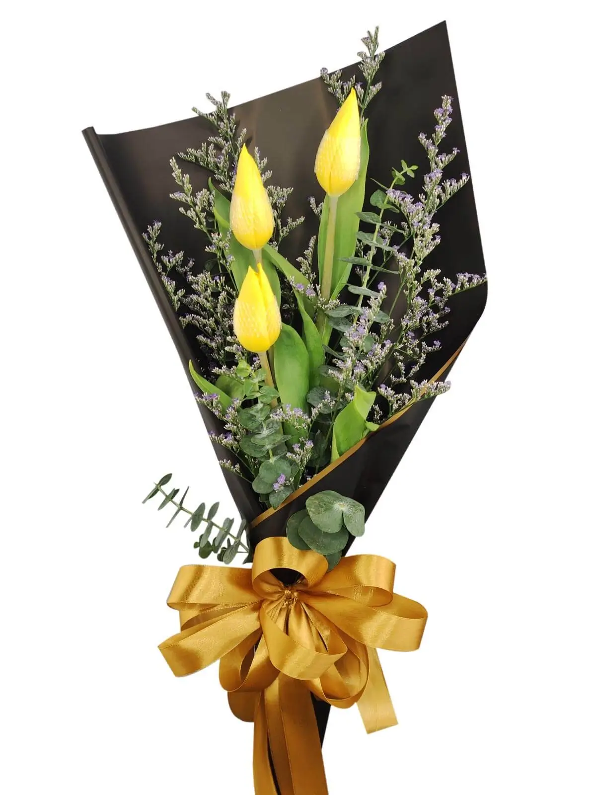 3 yellow tulips black/gold