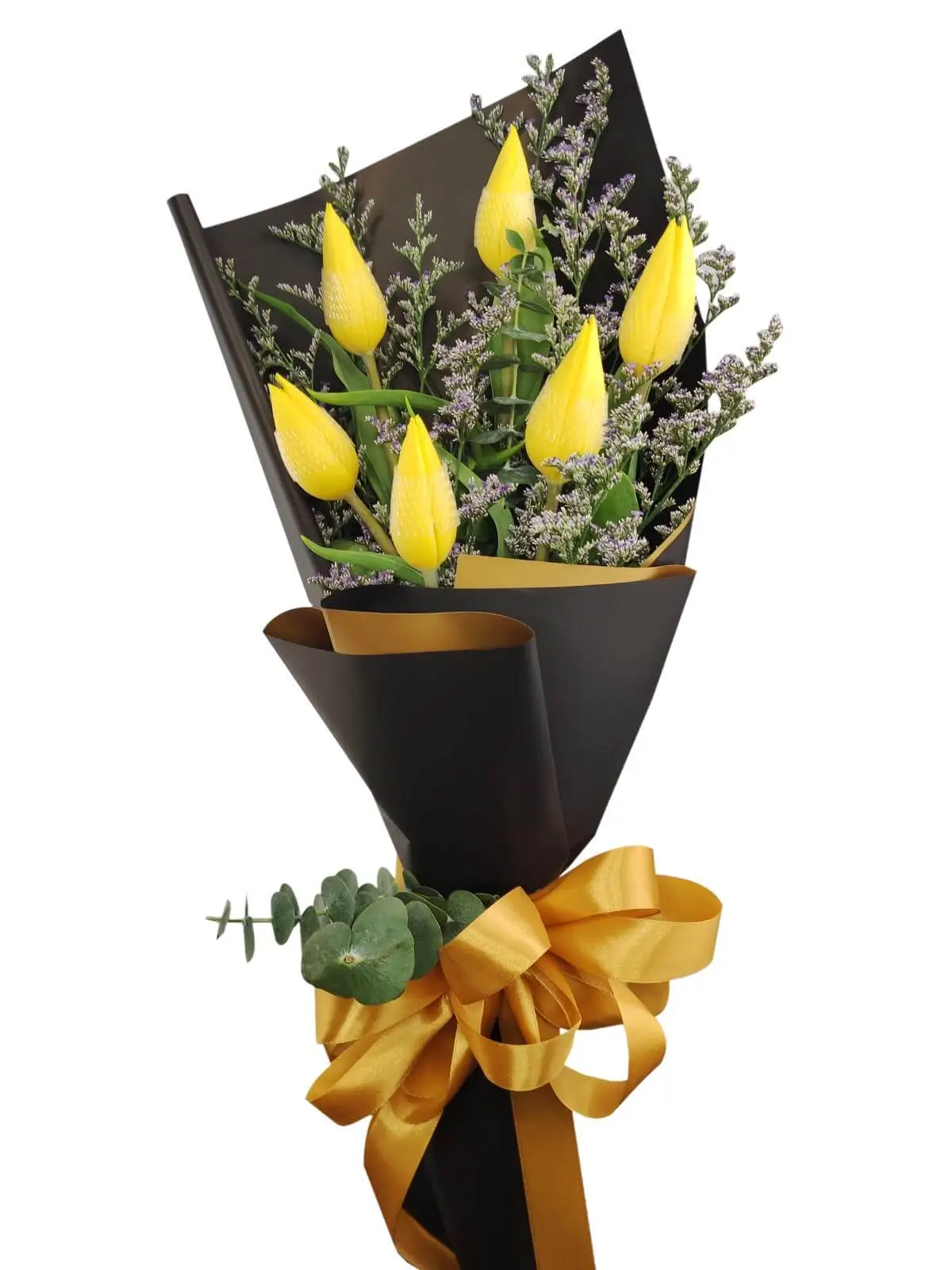 6 yellow tulips black/gold