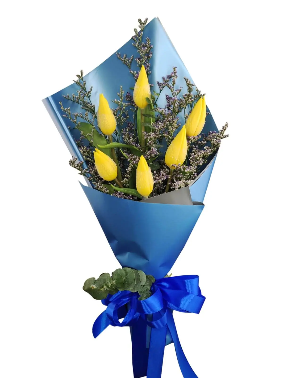 6 yellow tulips blue/silver
