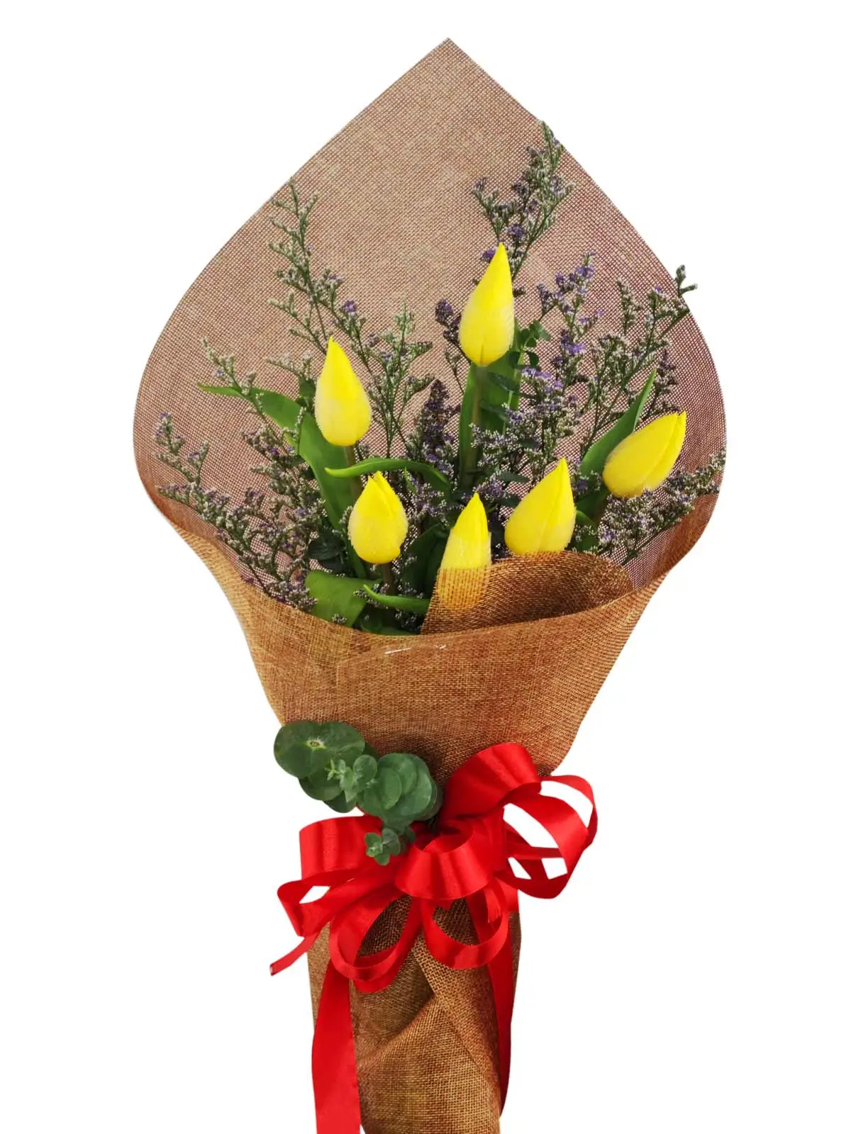 6 yellow tulips burlap CH