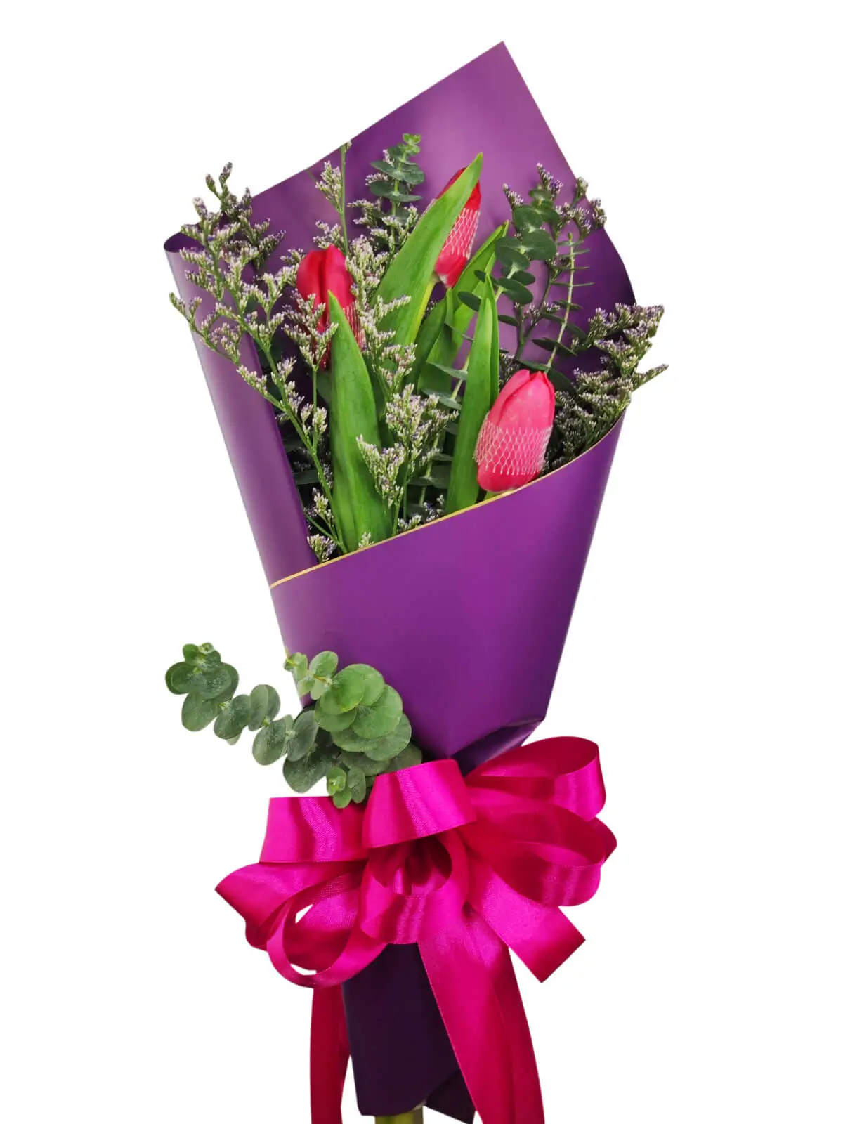 3 red tulips purple/gold