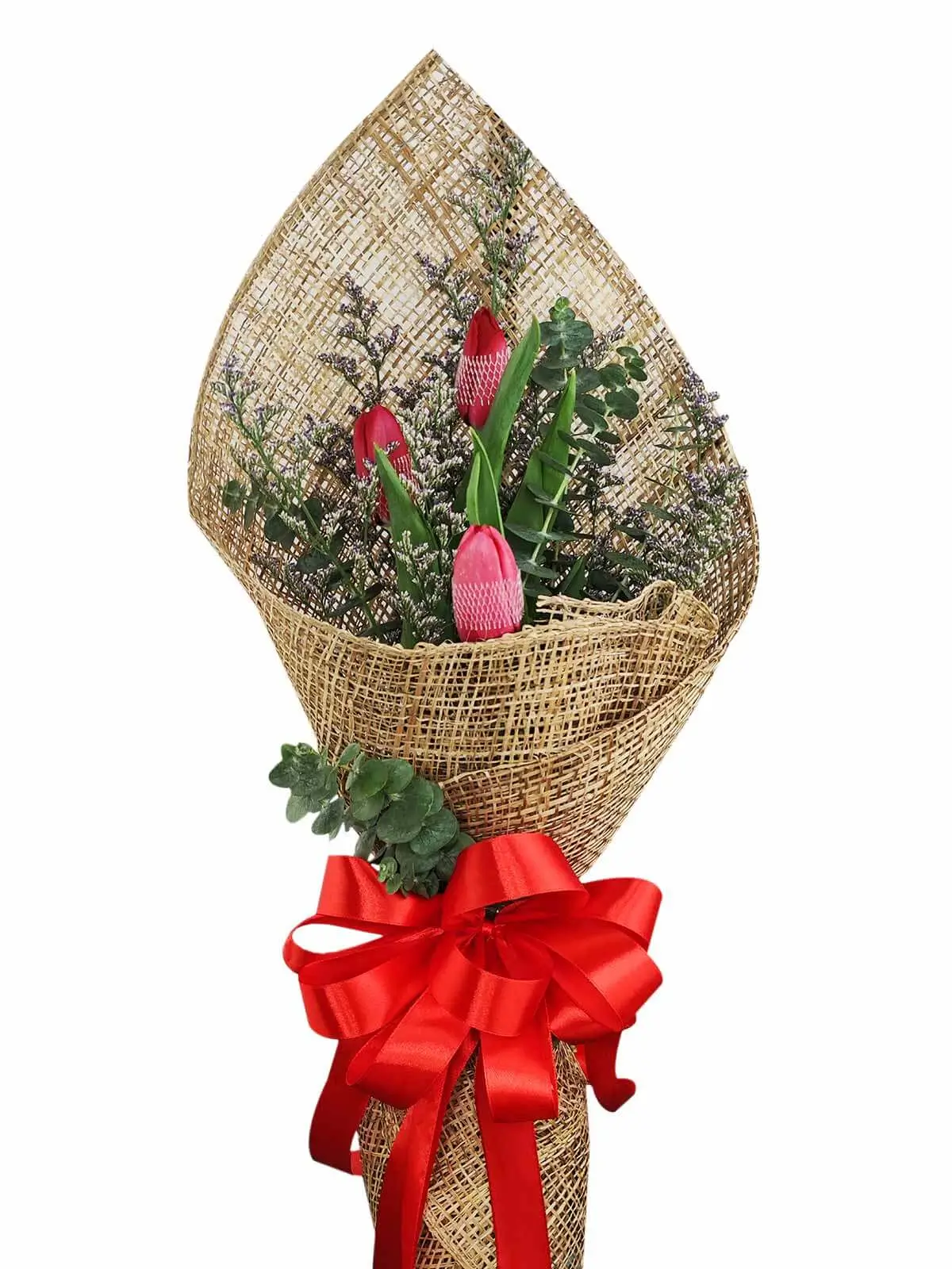 3 red tulips burlap PH