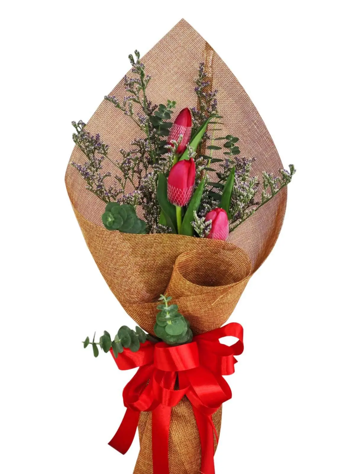 3 red tulips Burlap CH