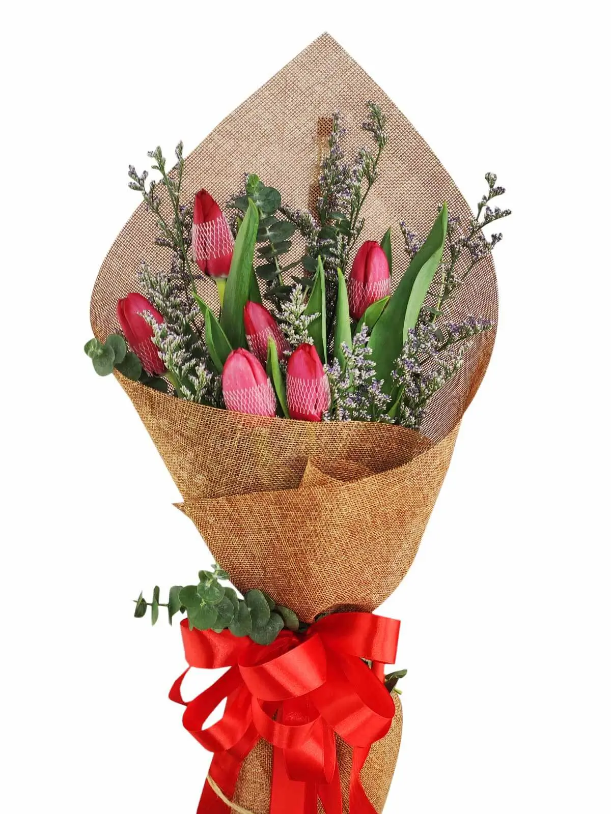 6 red tulips burlap CH