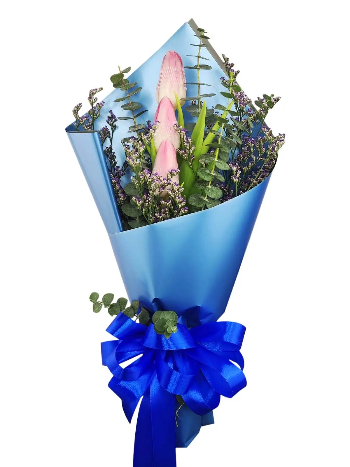 3 pink tulips blue/silver