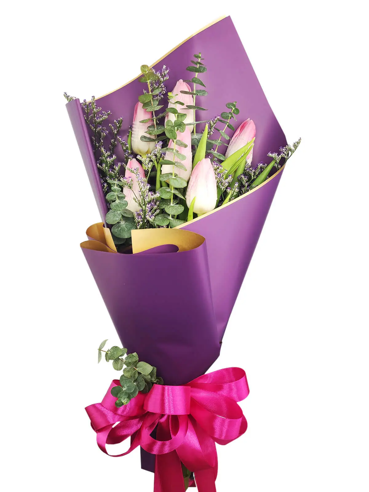 6 pink tulips purple/gold