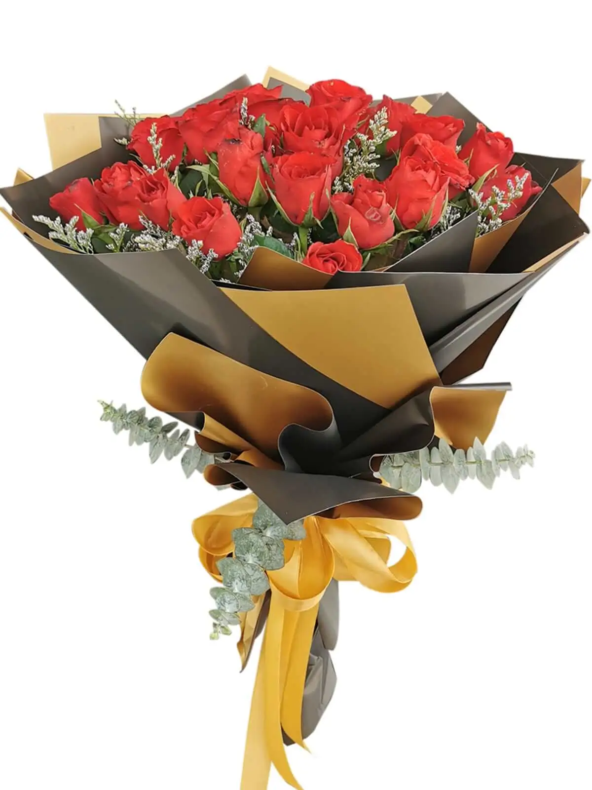 24 stem red roses, black wrapper