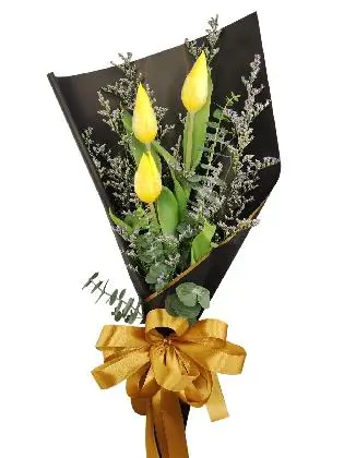 3 yellow tulips black/gold