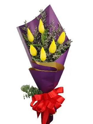 6 yellow tulips purple/gold