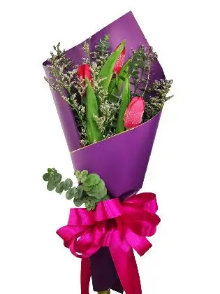 3 red tulips purple/gold