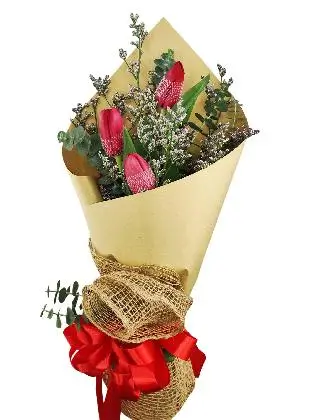 3 red tulips kraft/jute