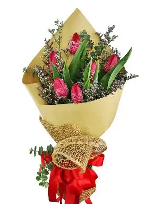 6 red tulips kraft jute