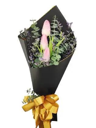 3 pink tulips black/gold