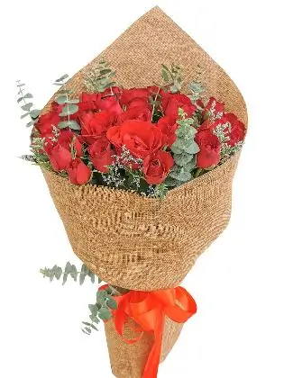 36 pcs red roses, chinese burlap wrapper
